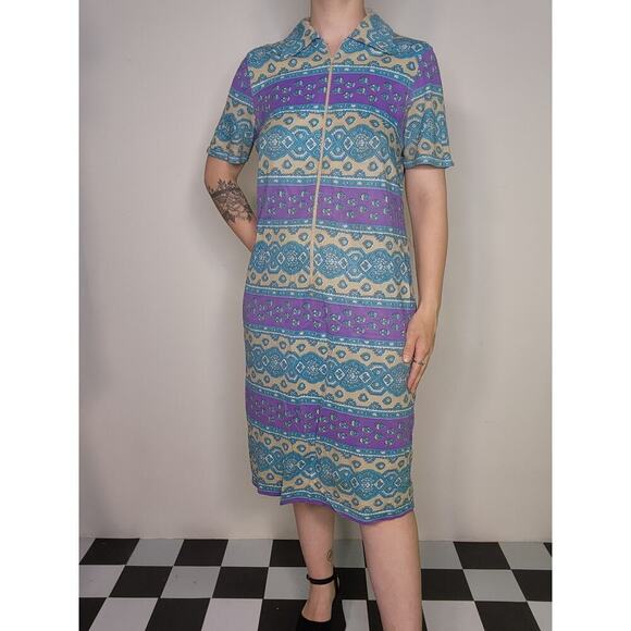 Vtg Mod 60s Half Zip Blue Purple Tan Mid Length Mumu Night Gown Cover Up Sz Sm - Picture 3 of 10